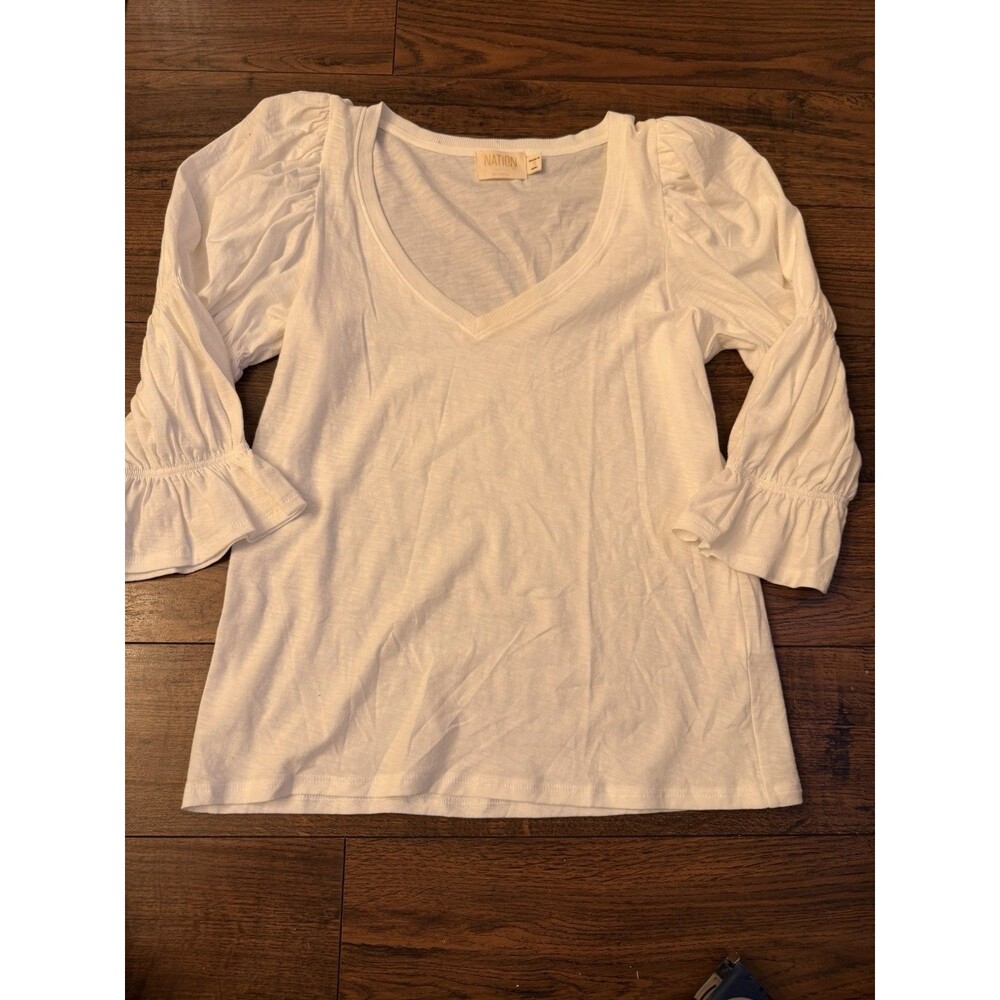 Anthropologie Nation Los Angeles Womens Top White S Puff Sleeve Pima Cotton C1